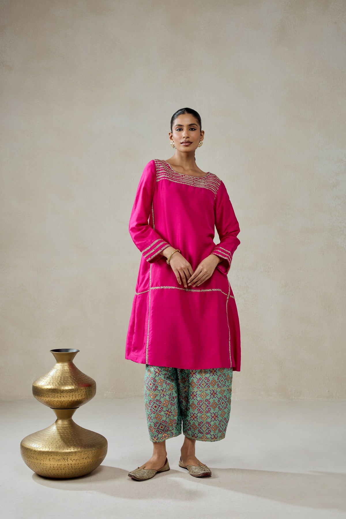 Fuchsia Embroidered Kurta With Aqua Patola Silk Salwar Set
