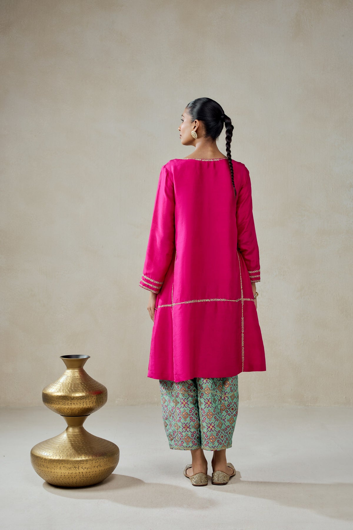 Fuchsia Embroidered Kurta With Aqua Patola Silk Salwar Set
