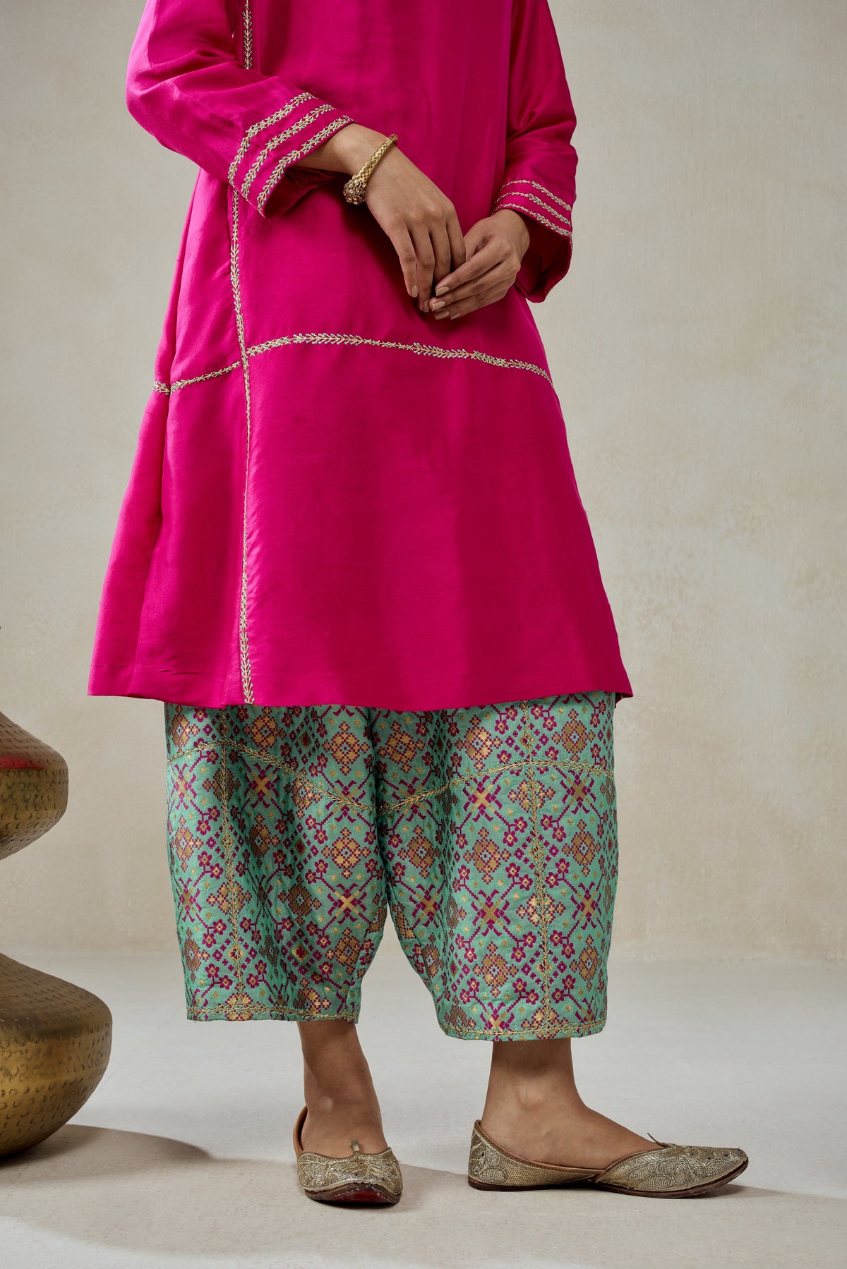 Fuchsia Embroidered Kurta With Aqua Patola Silk Salwar Set