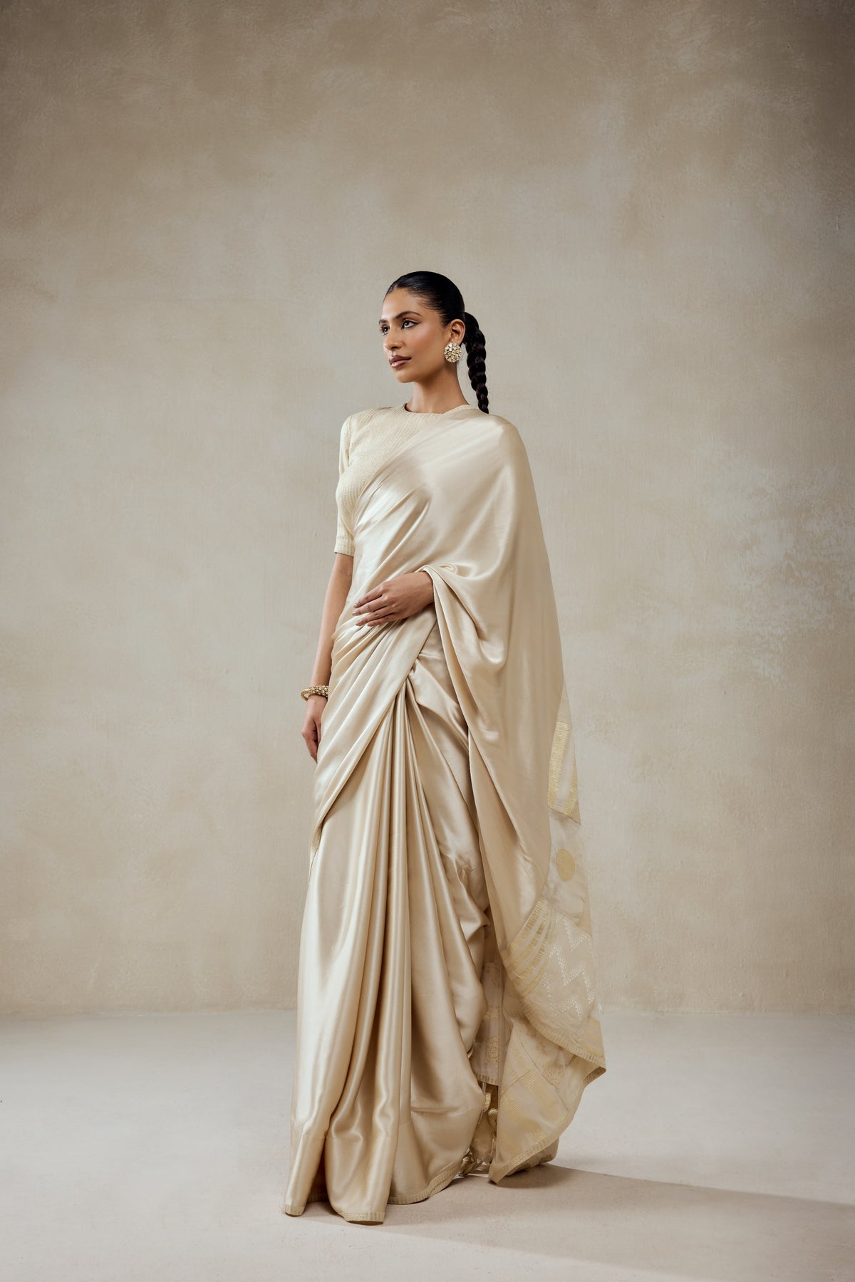 Ivory Monga Tissue Gold Striped Saree Set
