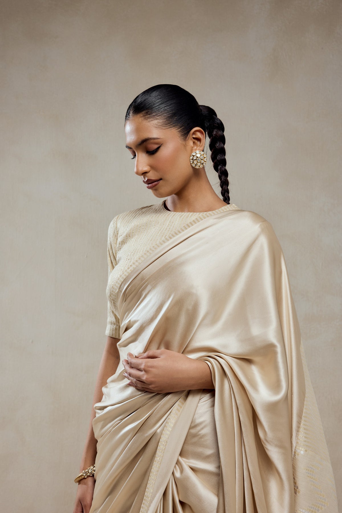 Ivory Monga Tissue Gold Striped Saree Set