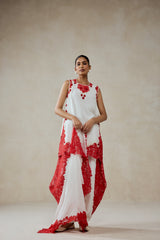 White Georgette With Red Lace Applique Suit Set