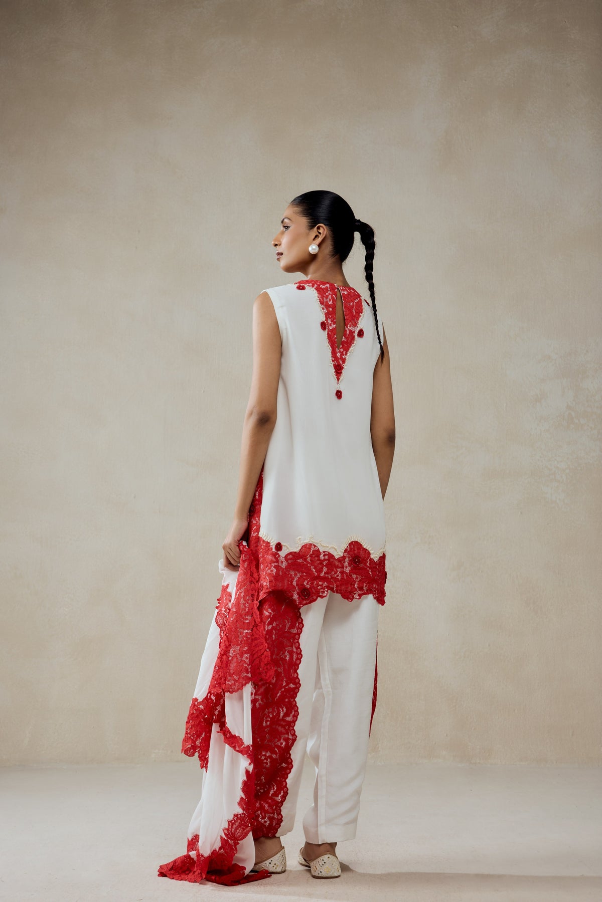 White Georgette With Red Lace Applique Suit Set