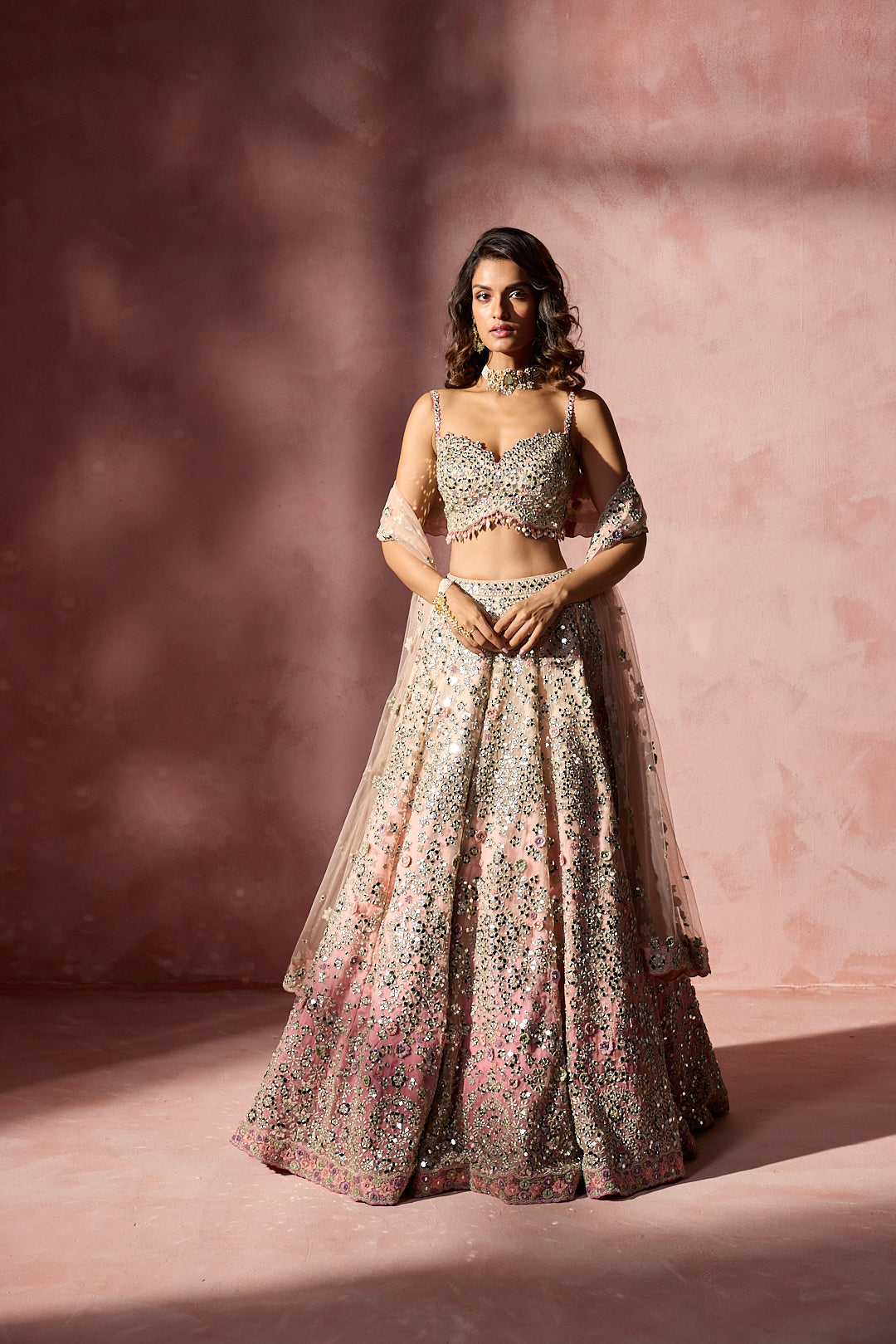 ROSE PINK OMBRE MIRROR WORK LEHENGA SET