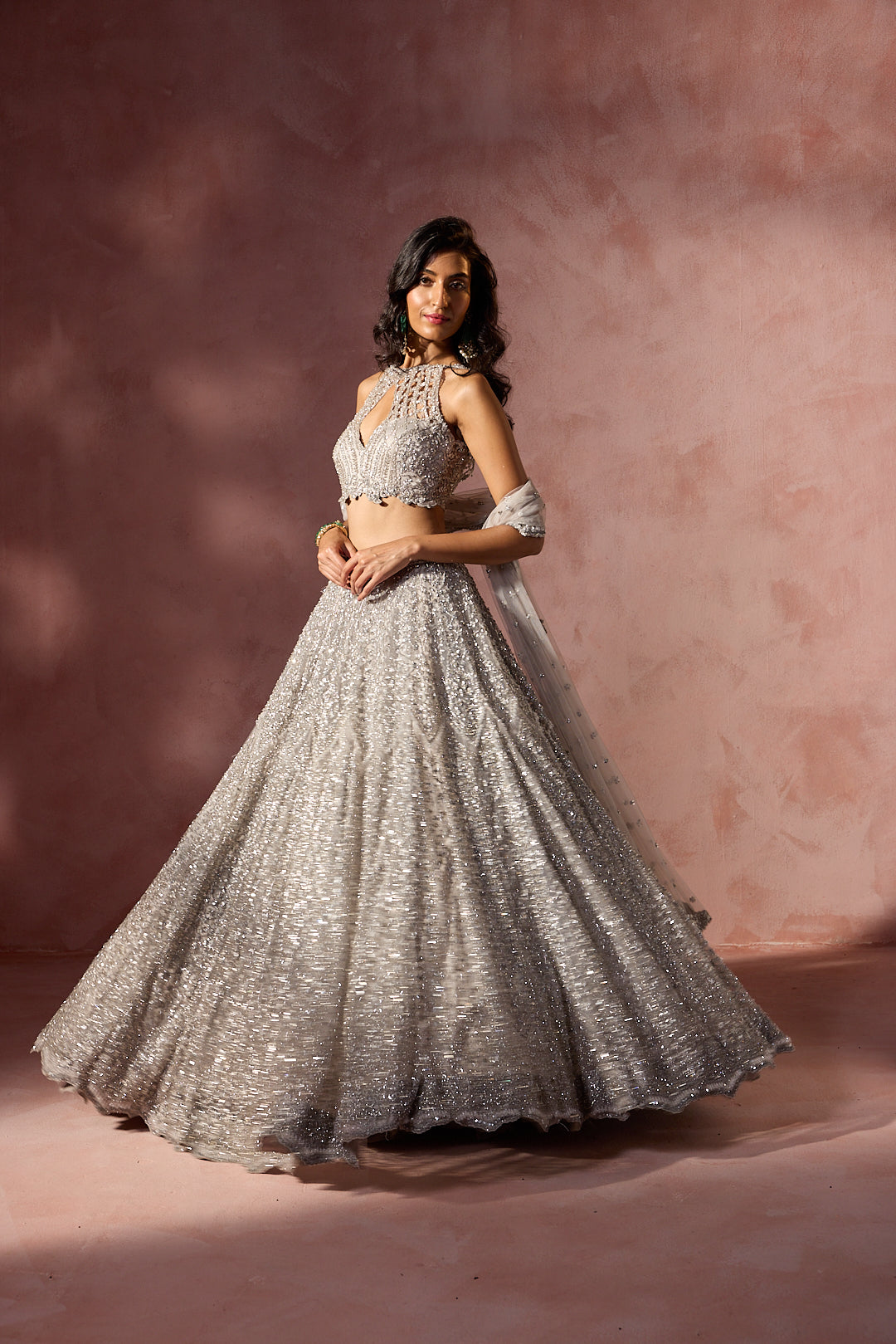 SILVER GREY NET LEHENGA SET