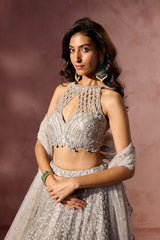 SILVER GREY NET LEHENGA SET