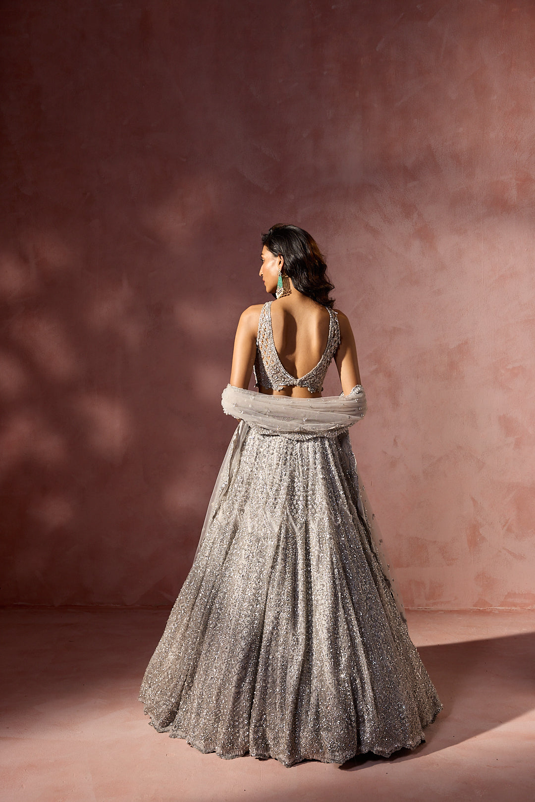 SILVER GREY NET LEHENGA SET