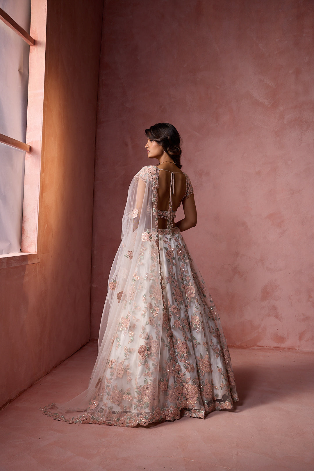 WHITE NET WITH LEATHER APPLIQUE LEHENGA SET