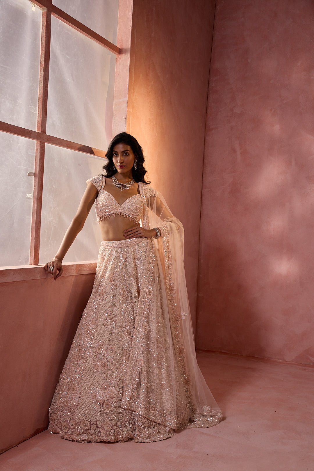 BLUSH PINK NET LEHENGA SET