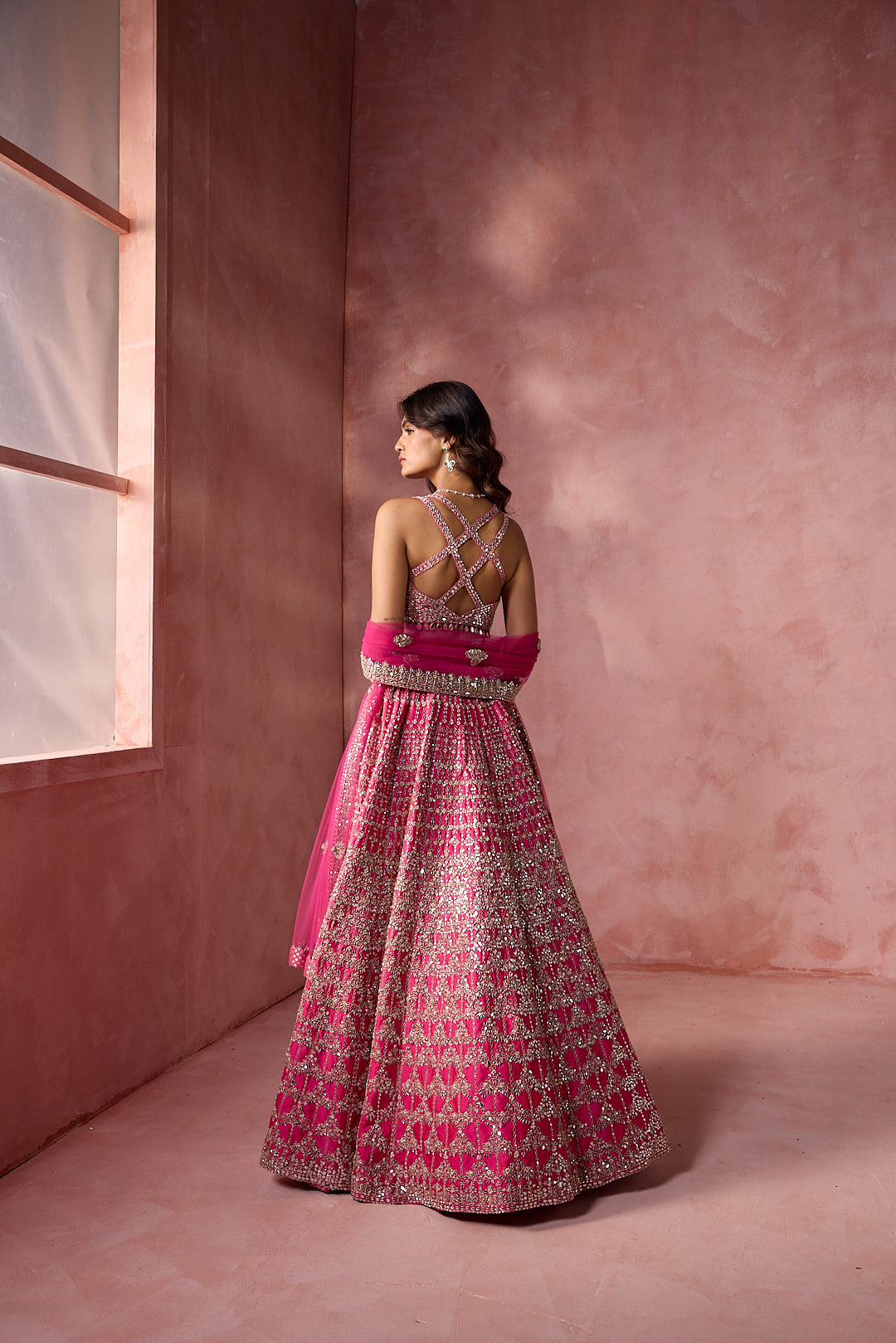 FUCHSIA PINK TAFFETA LEHENGA SET