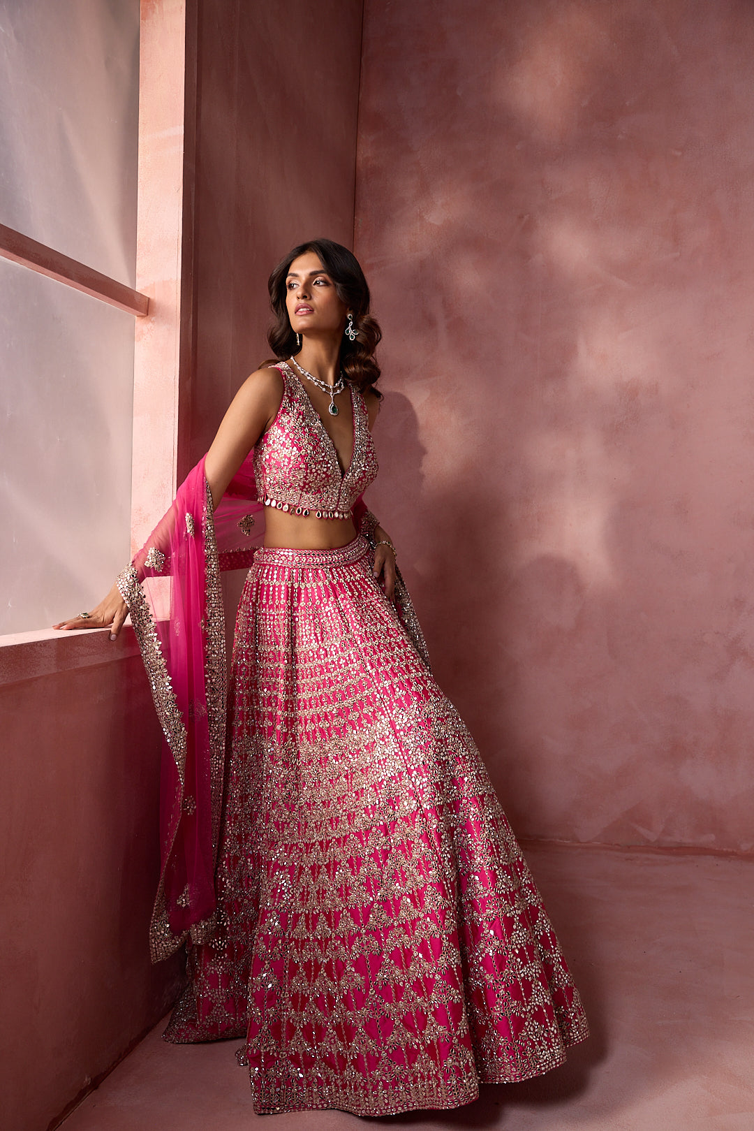 FUCHSIA PINK TAFFETA LEHENGA SET