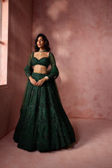 BOTTLE GREEN NET LEHENGA SET