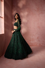 BOTTLE GREEN NET LEHENGA SET