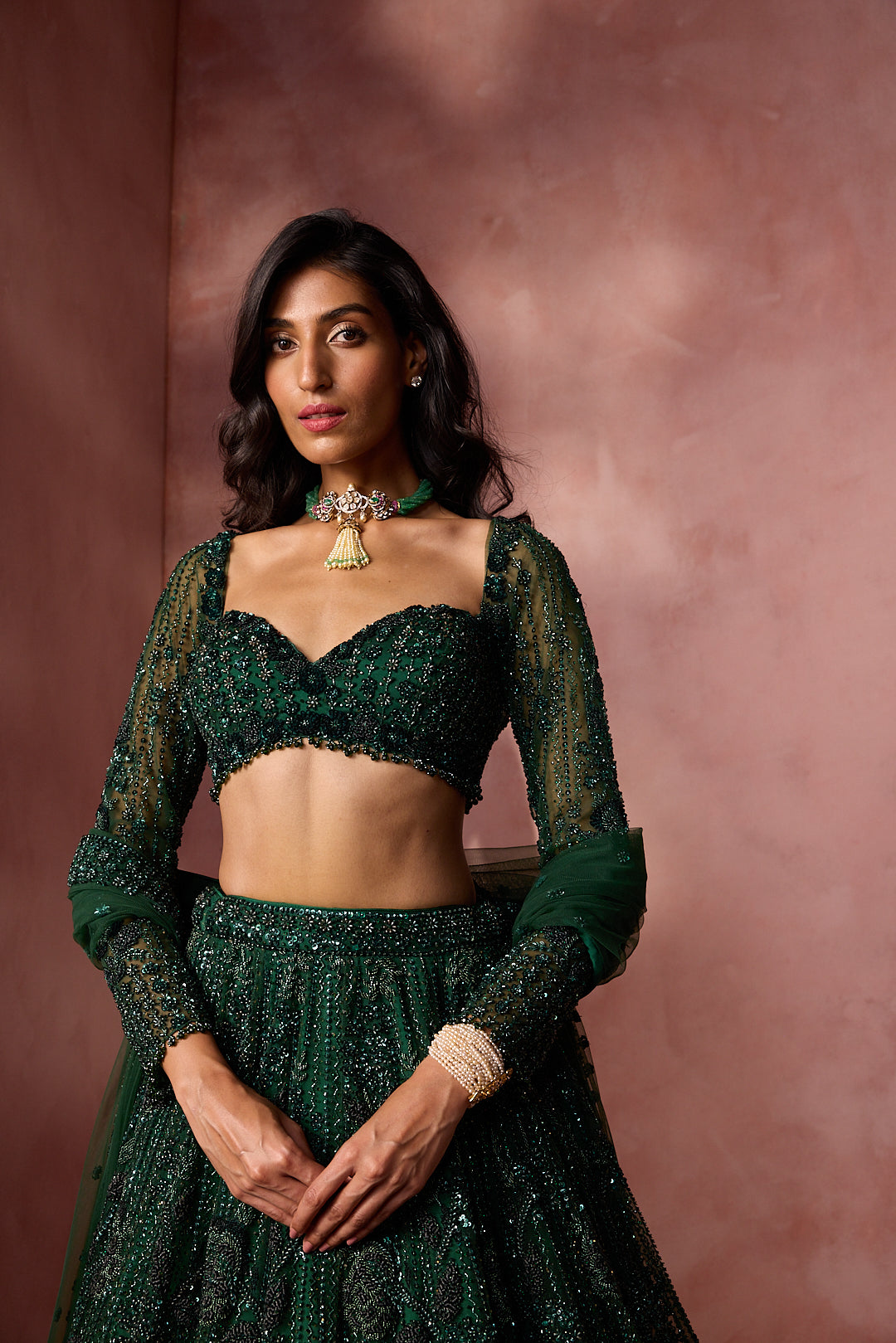 BOTTLE GREEN NET LEHENGA SET