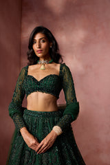 BOTTLE GREEN NET LEHENGA SET