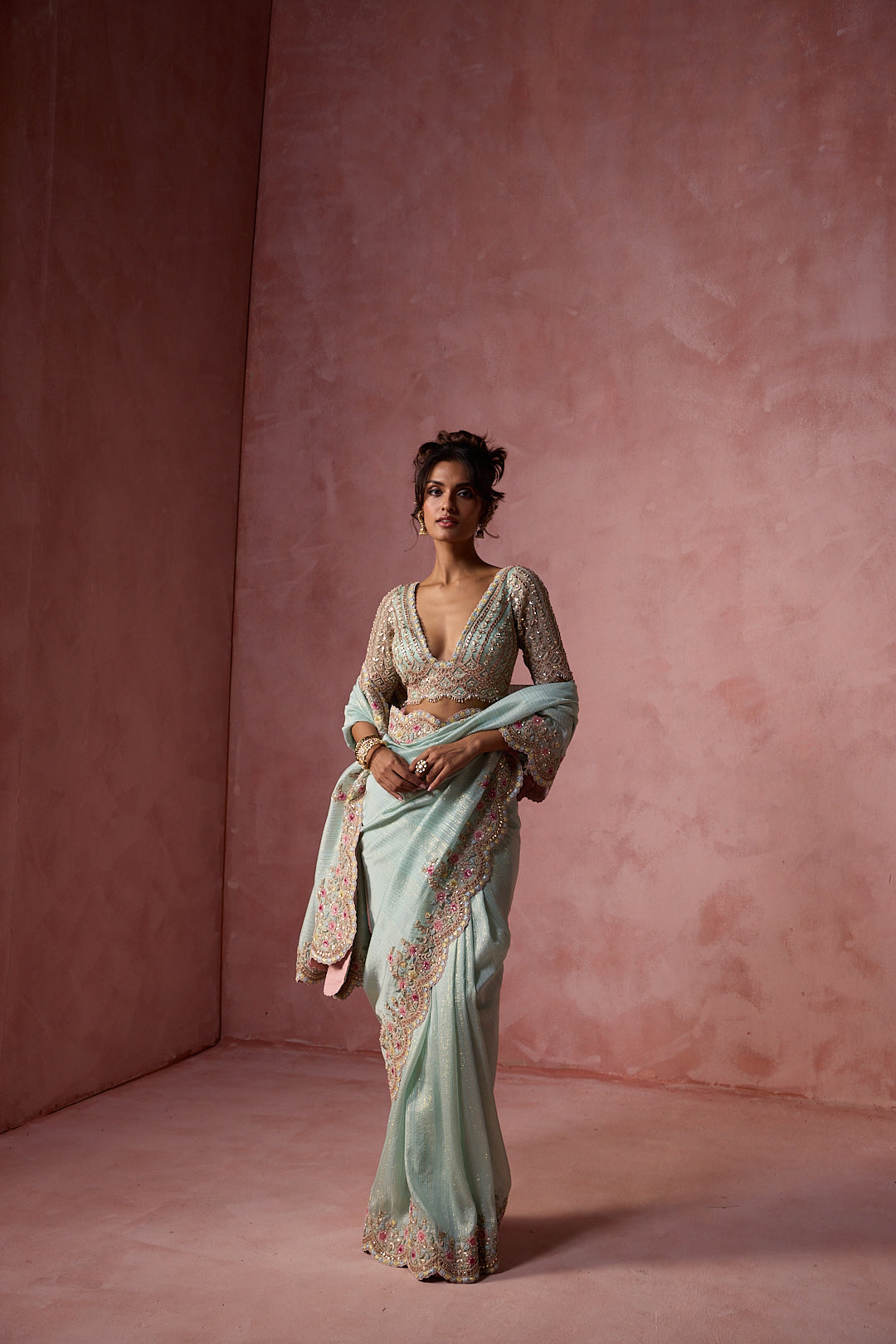 AQUA LUREX GEORGETTE SAREE SET