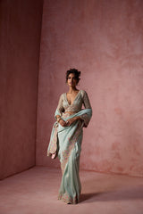 AQUA LUREX GEORGETTE SAREE SET