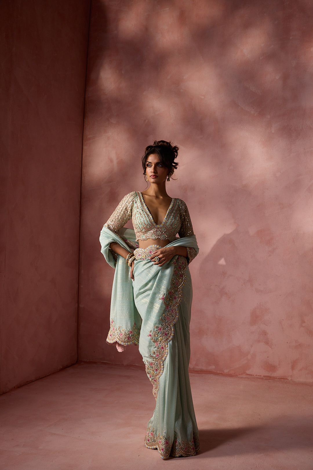 AQUA LUREX GEORGETTE SAREE SET