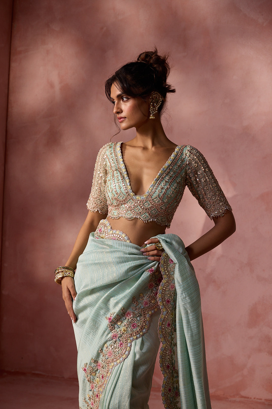AQUA LUREX GEORGETTE SAREE SET