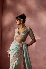 AQUA LUREX GEORGETTE SAREE SET