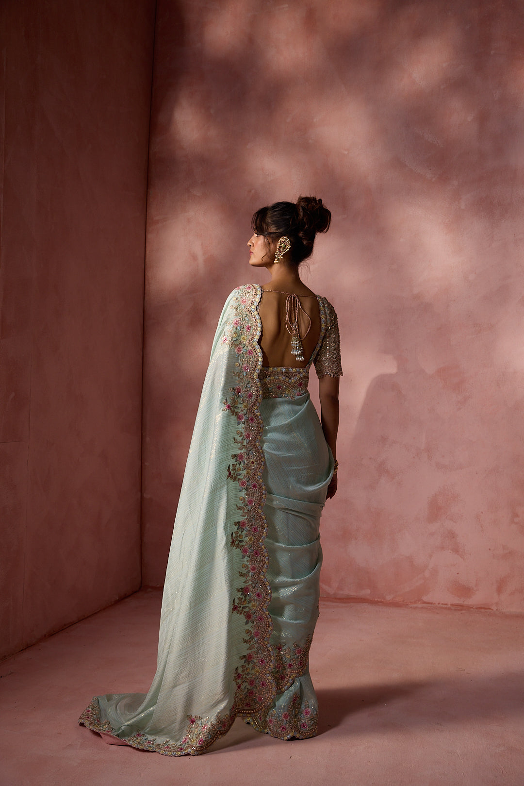 AQUA LUREX GEORGETTE SAREE SET