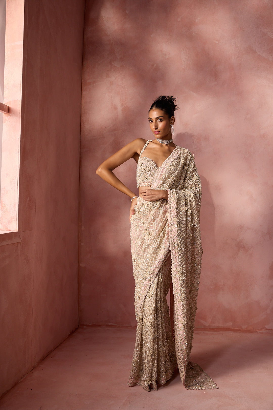 BLUSH PINK NET SAREE SET