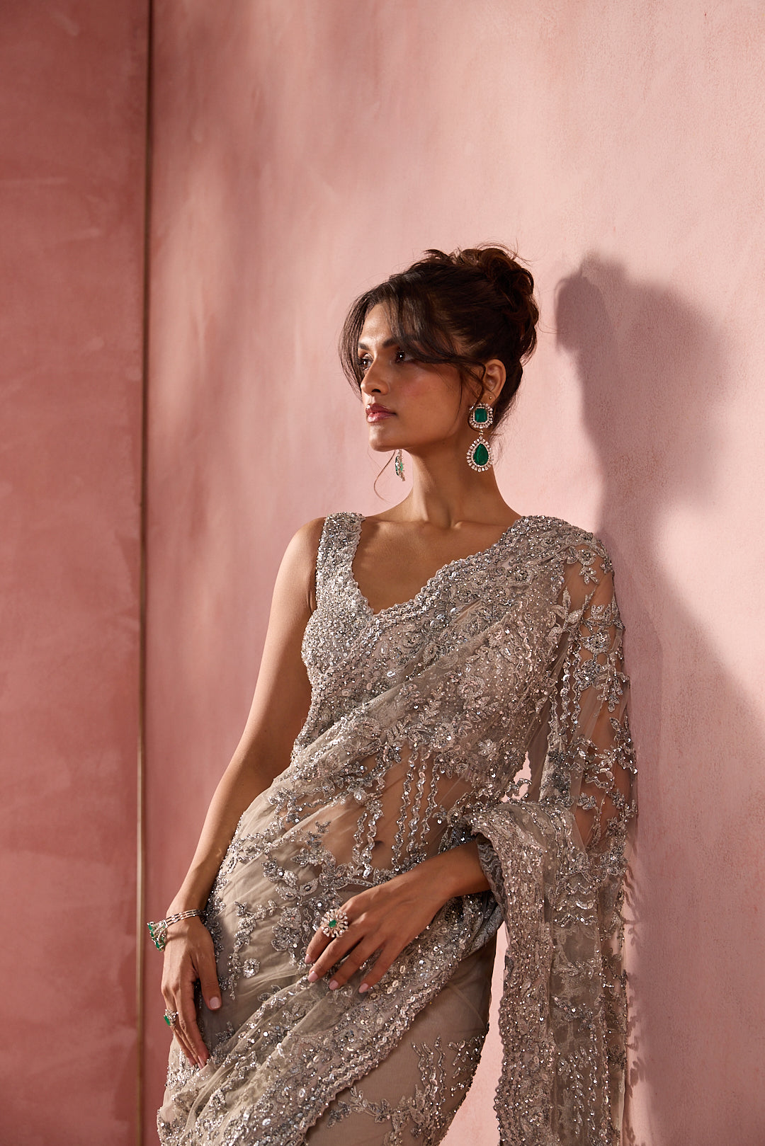 SILVER GREY NET SAREE SET WITH SILVER WORK