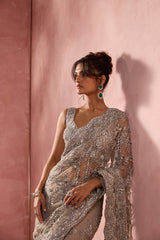 SILVER GREY NET SAREE SET WITH SILVER WORK