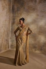GOLD NET DRAPED LEHENGA SAREE