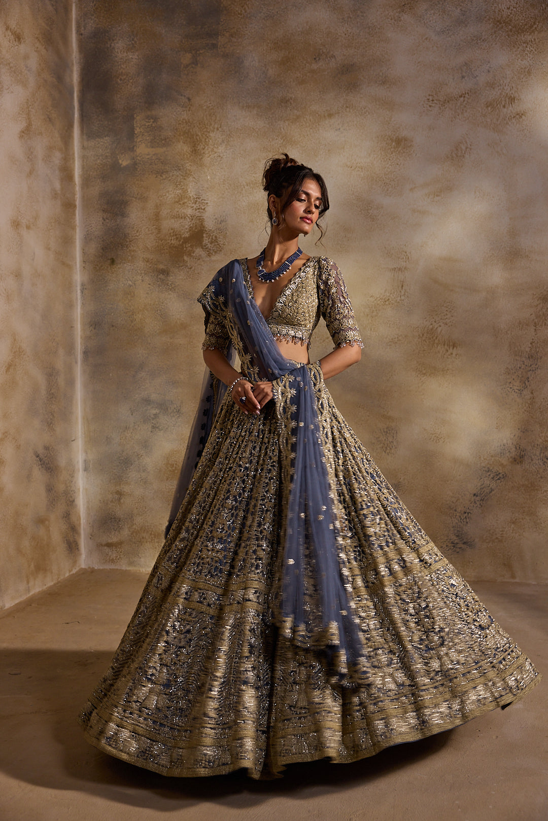BLUE GREY NET LEHENGA SET