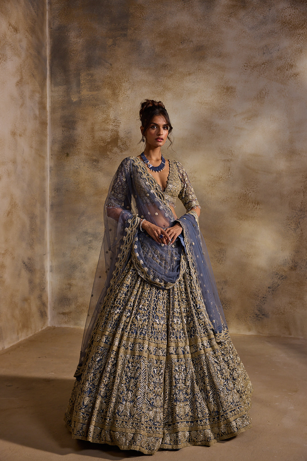 BLUE GREY NET LEHENGA SET