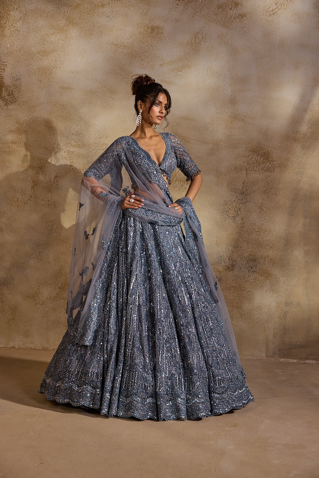 STONE GREY NET LEHENGA SET
