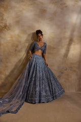 STONE GREY NET LEHENGA SET