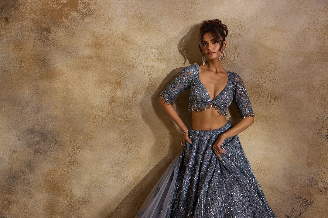 STONE GREY NET LEHENGA SET