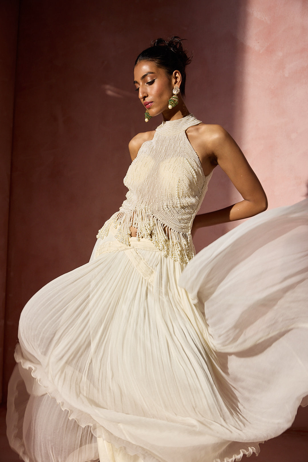 IVORY PLEATED SKIRT AND HALTER SET
