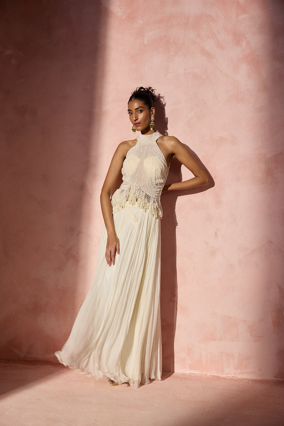 IVORY PLEATED SKIRT AND HALTER SET