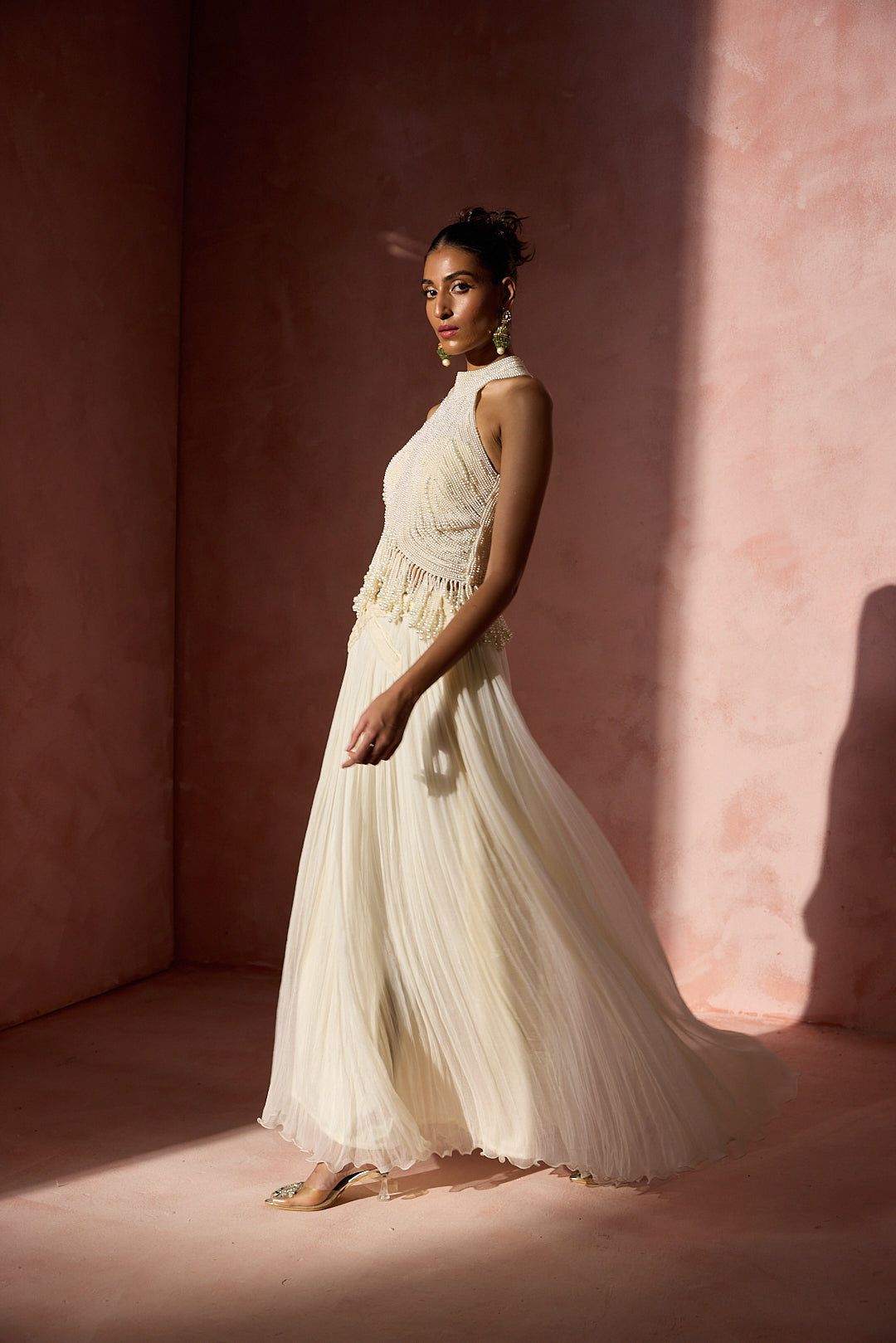 IVORY PLEATED SKIRT AND HALTER SET