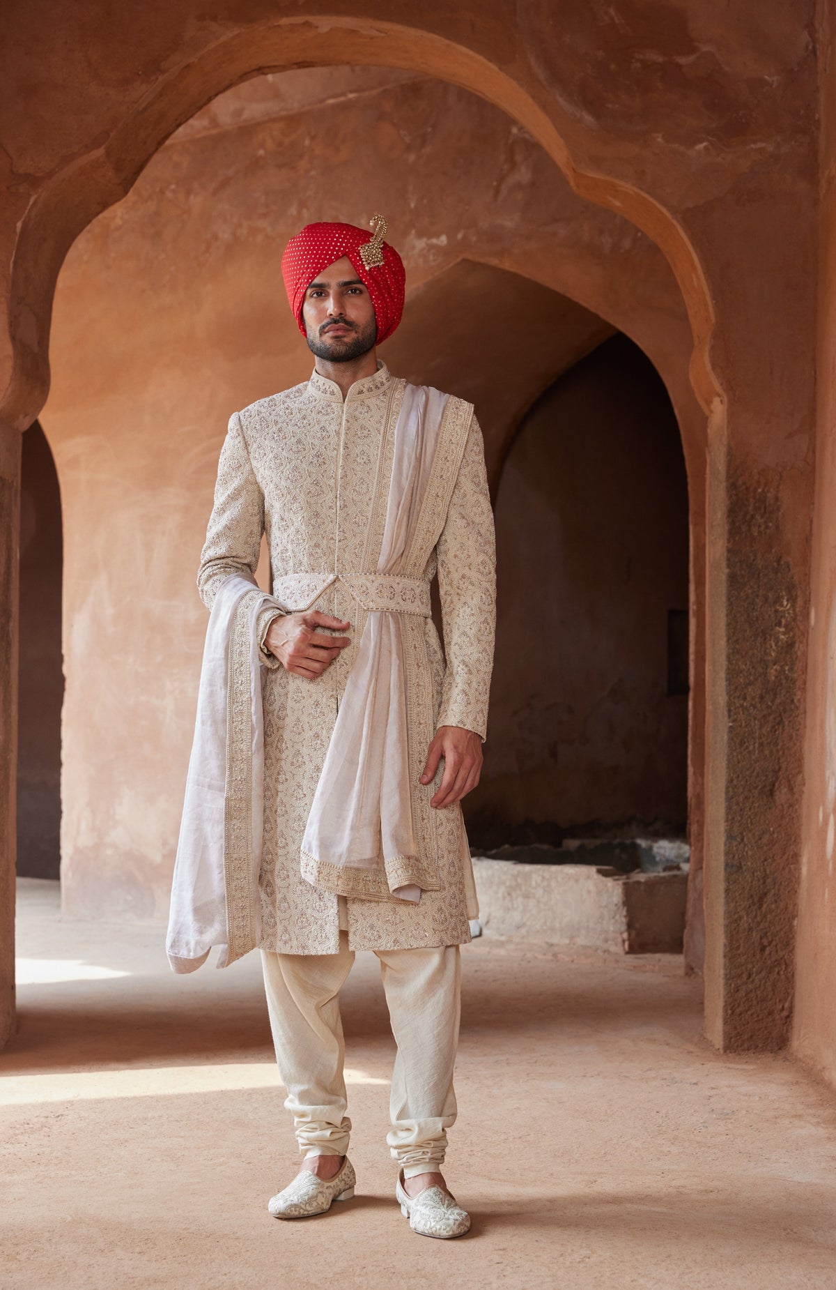 LIGHT BEIGE RAW SILK EMBROIDERED SHERWANI WITH MONGA TUSSAR KURTA AND CHURIDAR