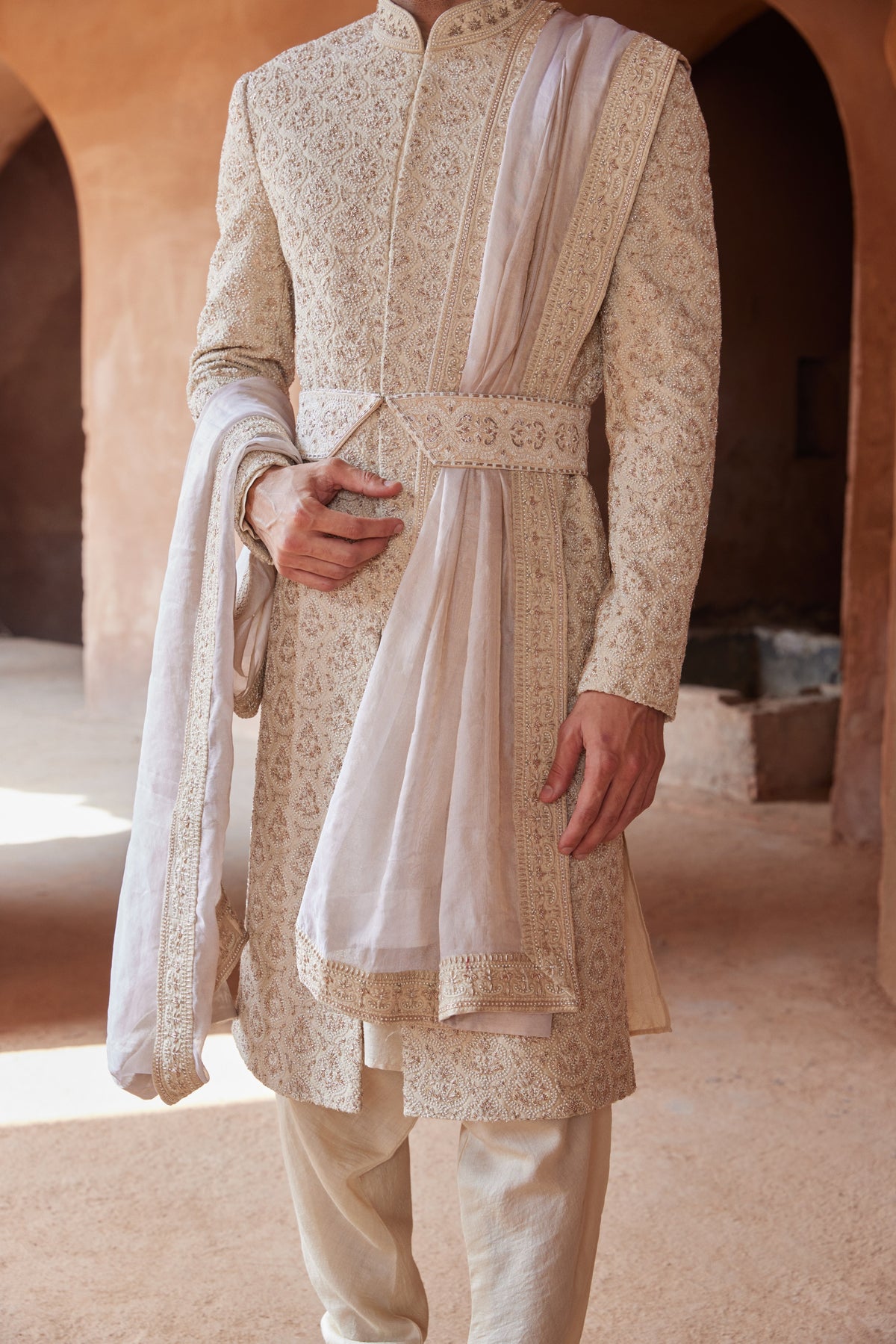 LIGHT BEIGE RAW SILK EMBROIDERED SHERWANI WITH MONGA TUSSAR KURTA AND CHURIDAR
