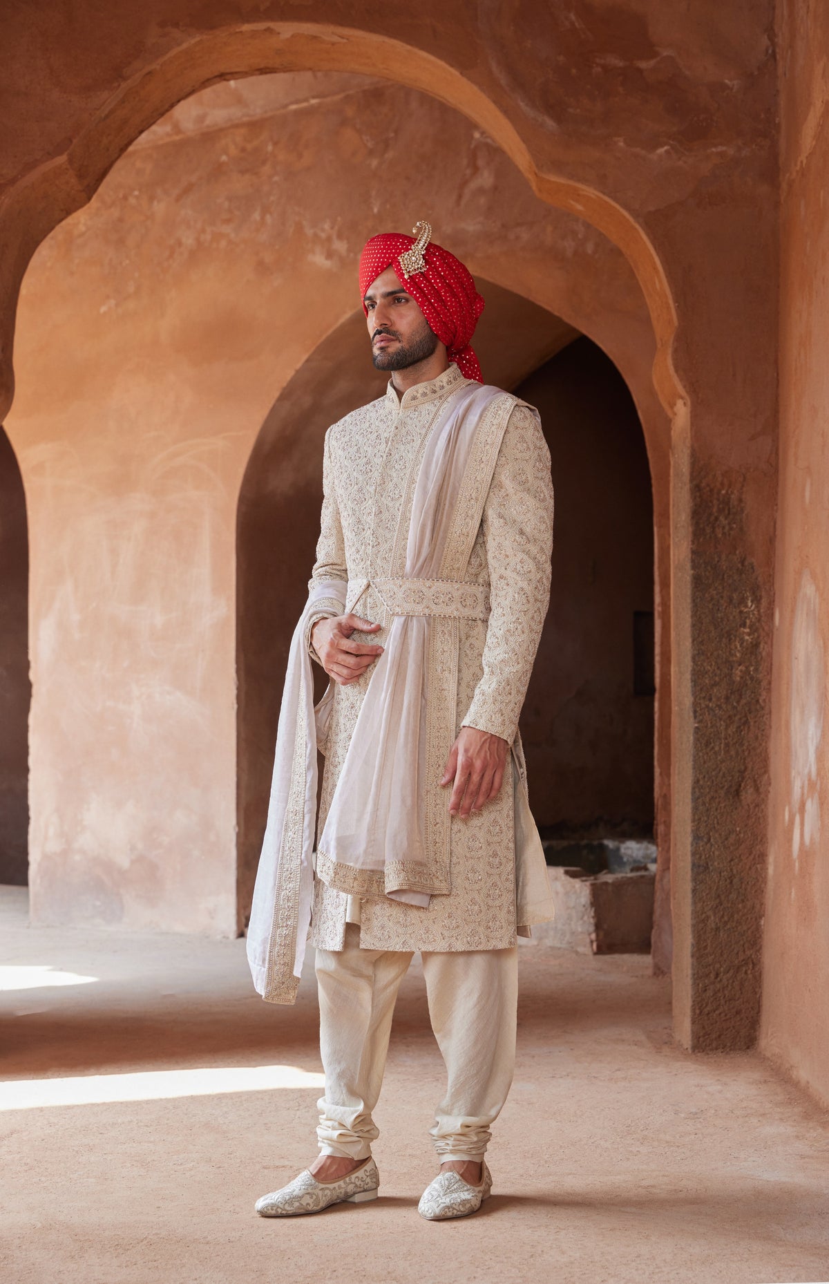 LIGHT BEIGE RAW SILK EMBROIDERED SHERWANI WITH MONGA TUSSAR KURTA AND CHURIDAR