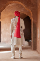 LIGHT BEIGE RAW SILK EMBROIDERED SHERWANI WITH MONGA TUSSAR KURTA AND CHURIDAR