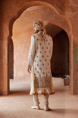 IVORY MATKA SILK ZARDOZI EMBROIDERED SHERWANI WITH MONGA TUSSAR KALIDAR KURTA AND CHURIDAR