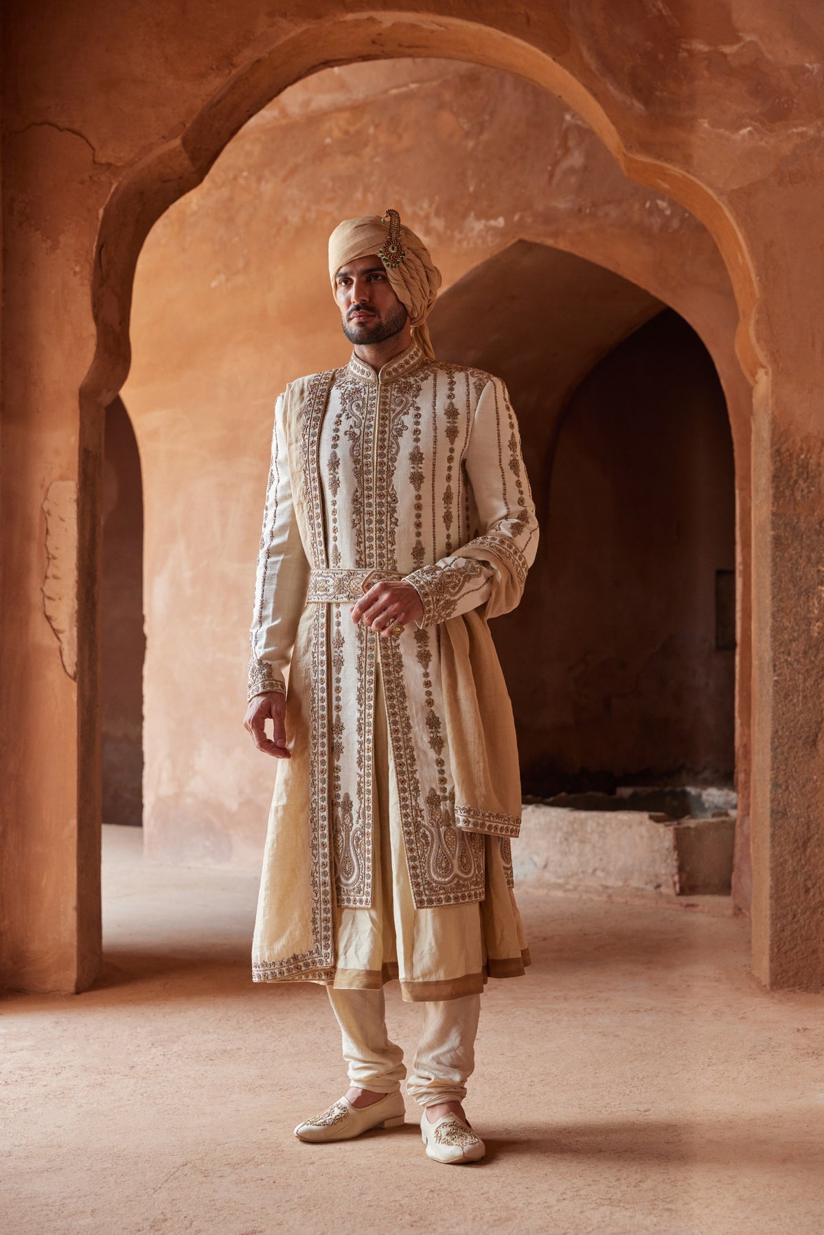 IVORY MATKA SILK ZARDOZI EMBROIDERED SHERWANI WITH MONGA TUSSAR KALIDAR KURTA AND CHURIDAR