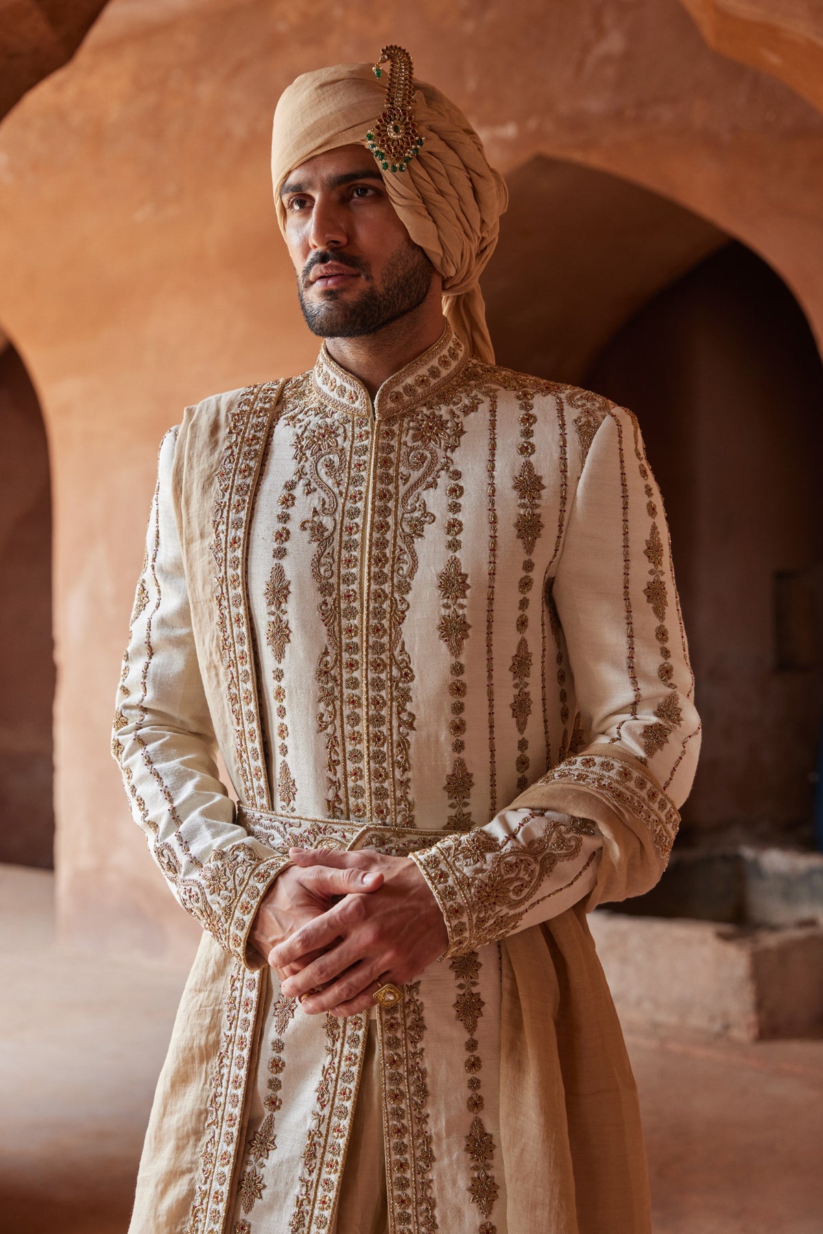 IVORY MATKA SILK ZARDOZI EMBROIDERED SHERWANI WITH MONGA TUSSAR KALIDAR KURTA AND CHURIDAR