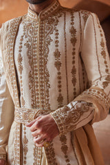 IVORY MATKA SILK ZARDOZI EMBROIDERED SHERWANI WITH MONGA TUSSAR KALIDAR KURTA AND CHURIDAR