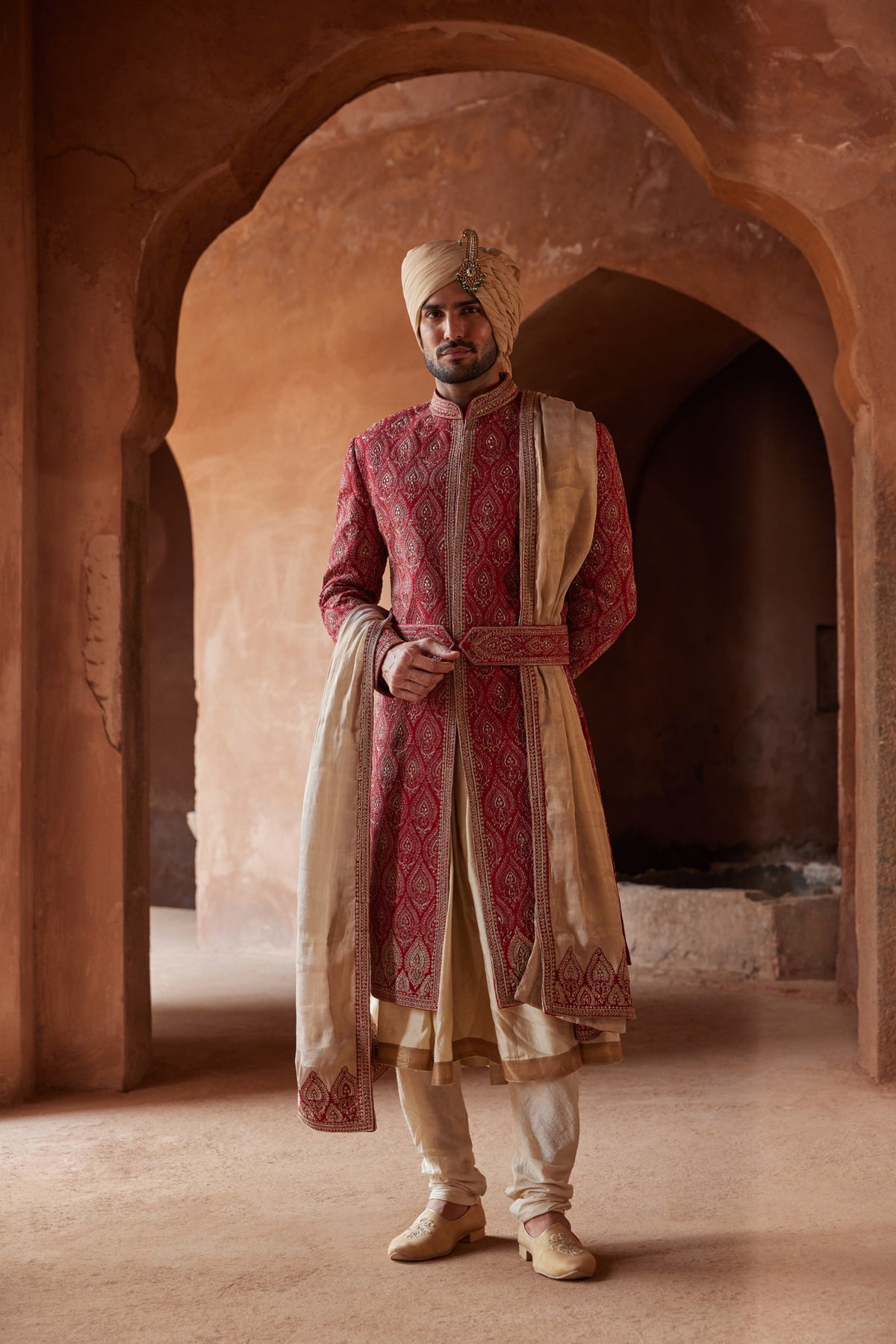 RED MATKA SILK EMBROIDERED SHERWANI WITH BEIGE MONGA TUSSAR KALIDAR KURTA AND CHURIDAR