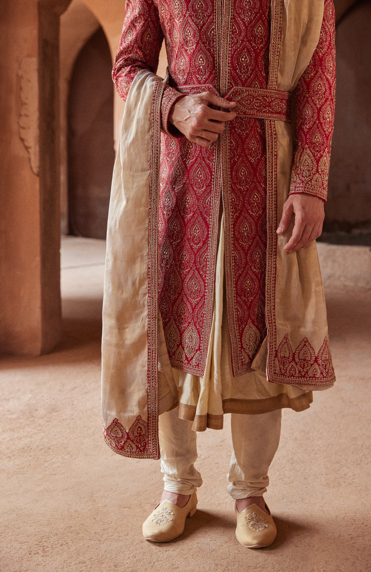 RED MATKA SILK EMBROIDERED SHERWANI WITH BEIGE MONGA TUSSAR KALIDAR KURTA AND CHURIDAR