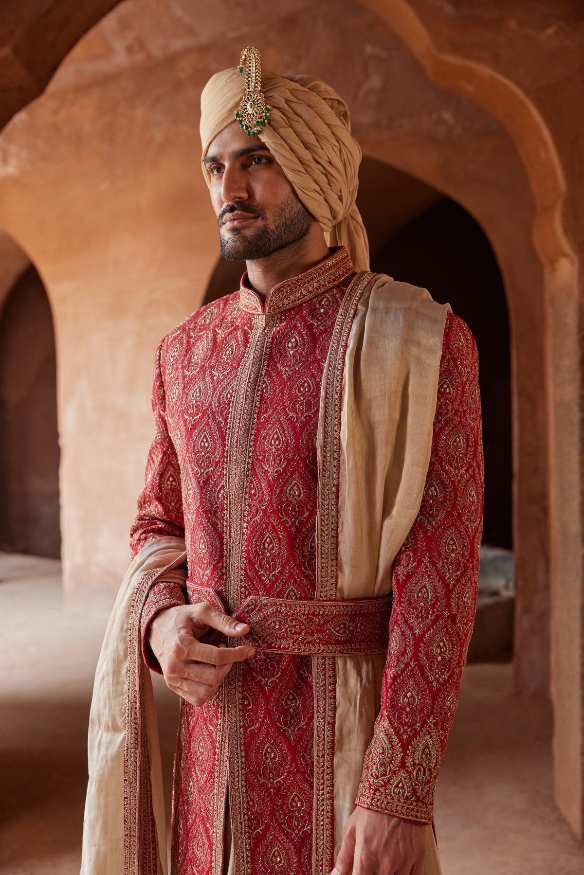 RED MATKA SILK EMBROIDERED SHERWANI WITH BEIGE MONGA TUSSAR KALIDAR KURTA AND CHURIDAR