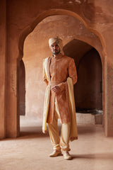 RUST MATKA SILK EMBROIDERED SHERWANI WITH BEIGE MONGA TUSSAAR KURTA CHURIDAR