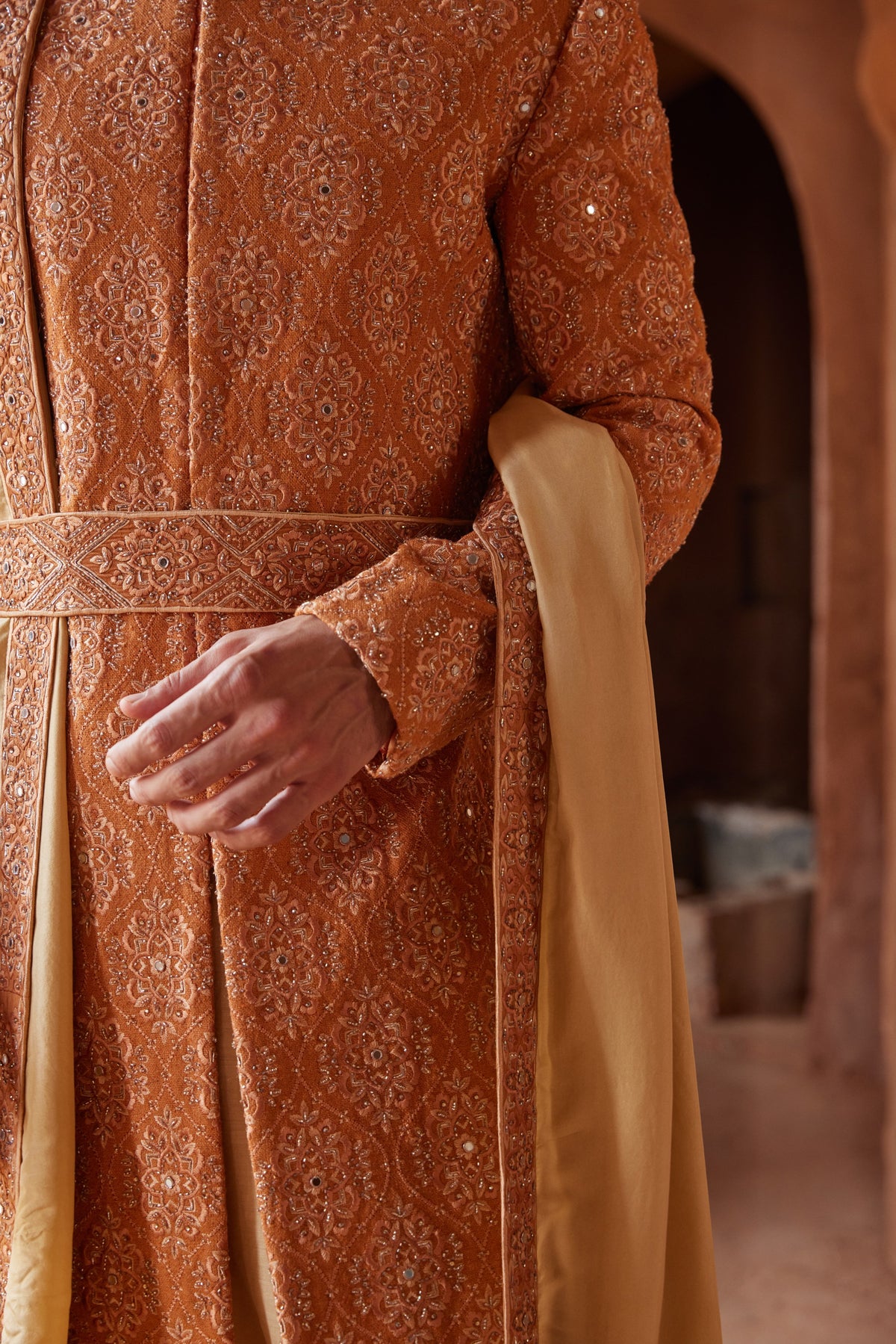 RUST MATKA SILK EMBROIDERED SHERWANI WITH BEIGE MONGA TUSSAAR KURTA CHURIDAR